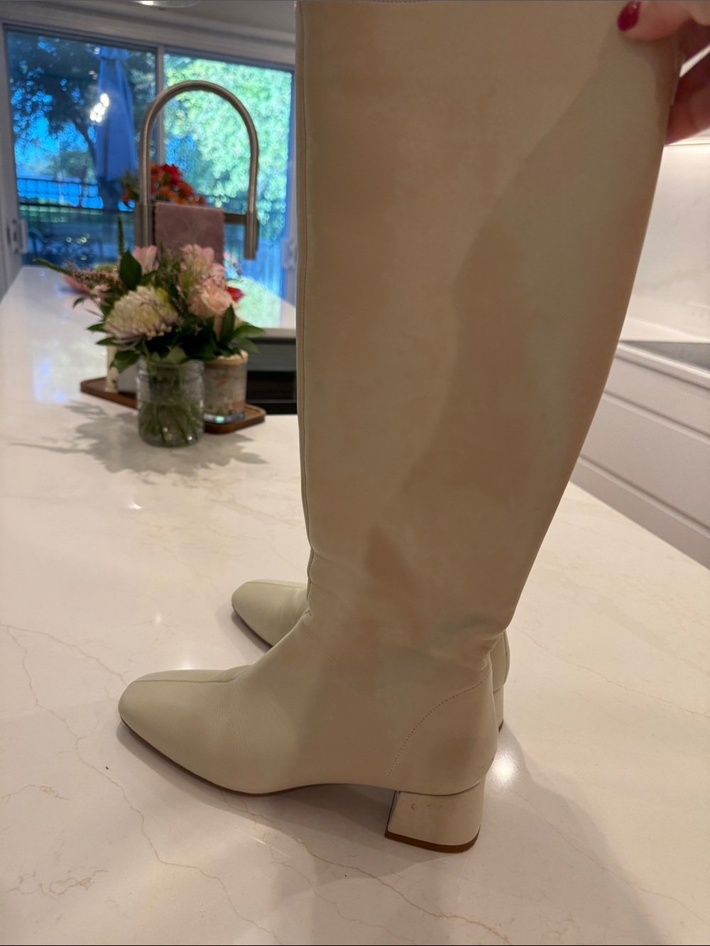 Zara Cream Knee-High Block Heel Boots